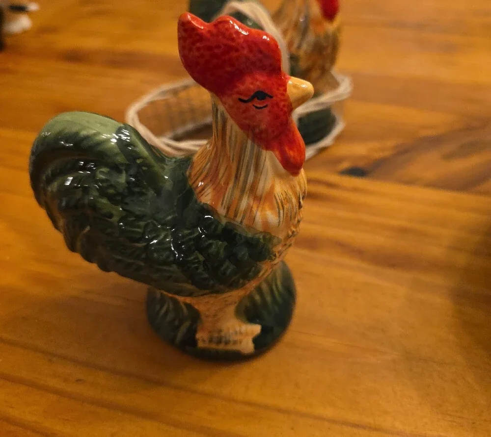 Ceramic Rooster Salt and Pepper Shaker Set - Red and Green In A Basket